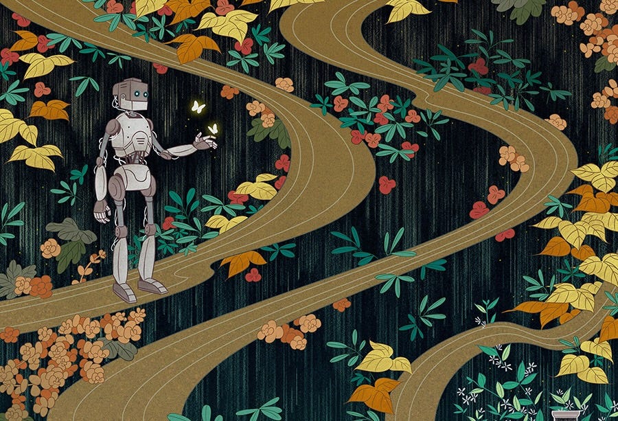 illustrated humanoid robot on an abstract background of leaves and flowers 