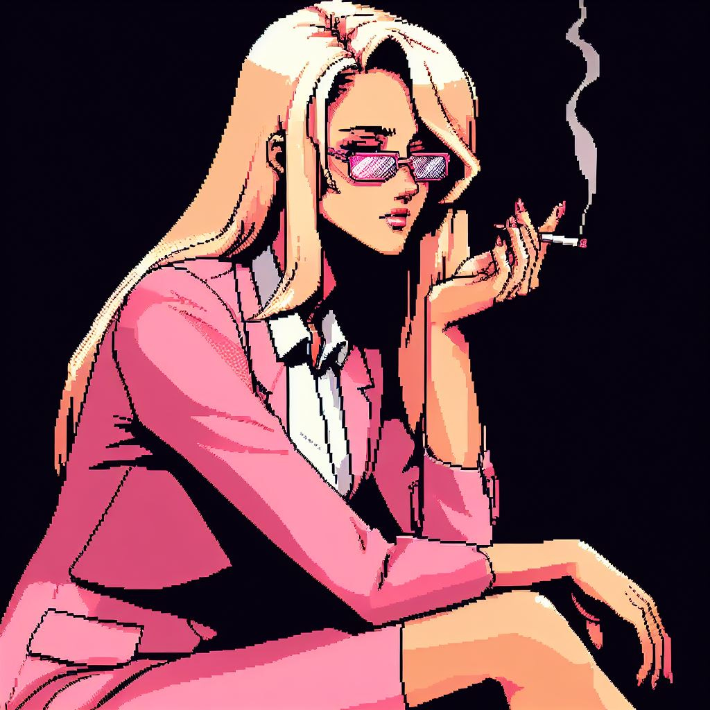 Tall woman, blonde long straight hair, pink aviator shades with opaque white lenses, smoking a cigarette, wearing an pink 80's style business suit, sitting in a dark room, alone, leaning forward, hands resting on her knees, manga pixel art