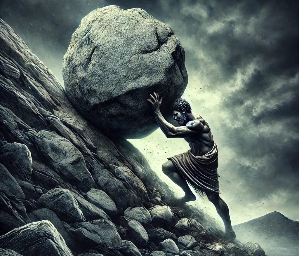 A powerful artistic depiction of Sisyphus pushing a massive boulder up a steep, rocky mountain, symbolizing the struggle of life. His face shows determination and exhaustion as he strains against the weight. The background is dark and stormy, with heavy clouds looming overhead, emphasizing the difficulty of his task. The scene conveys the relentless challenge of life’s hardships, yet also the resilience of the human spirit.