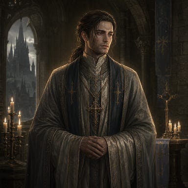 Sergei von Zarovich as a priest, using his defined palette: youthful aristocratic face with soft symmetrical features, gentle sorrow in pale luminous eyes, dark chestnut hair tied back with warm undertones, robes of muted silver and moonlit blue, soft golden aura like candlelight, Barovian Gothic atmosphere, no resemblance to real people