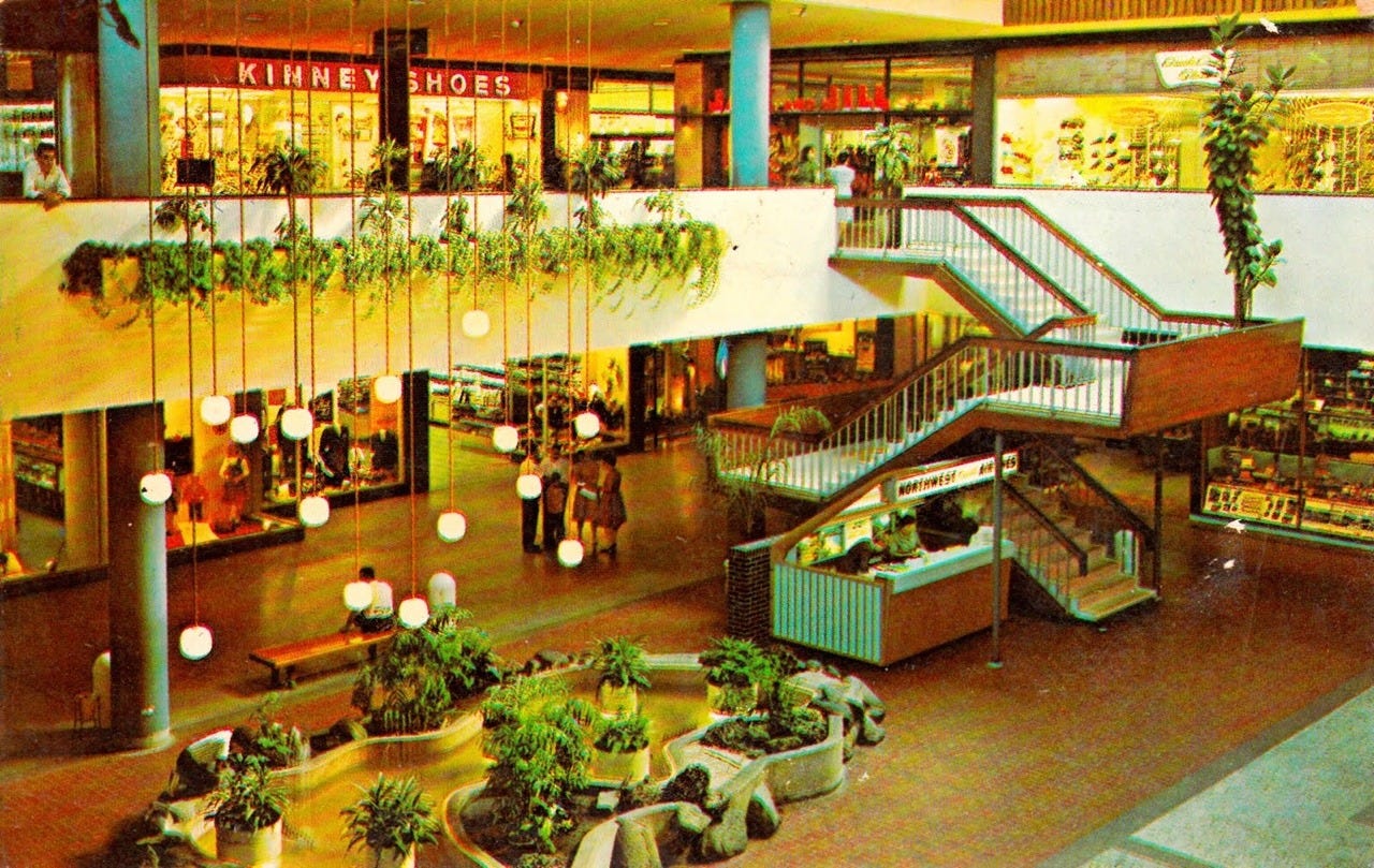 Mall interiors from the 1970s/1980s. My mother hated them, but to me, a  kid, malls were exciting. They looked like small sci-fi... – @weirdlandtv  on Tumblr