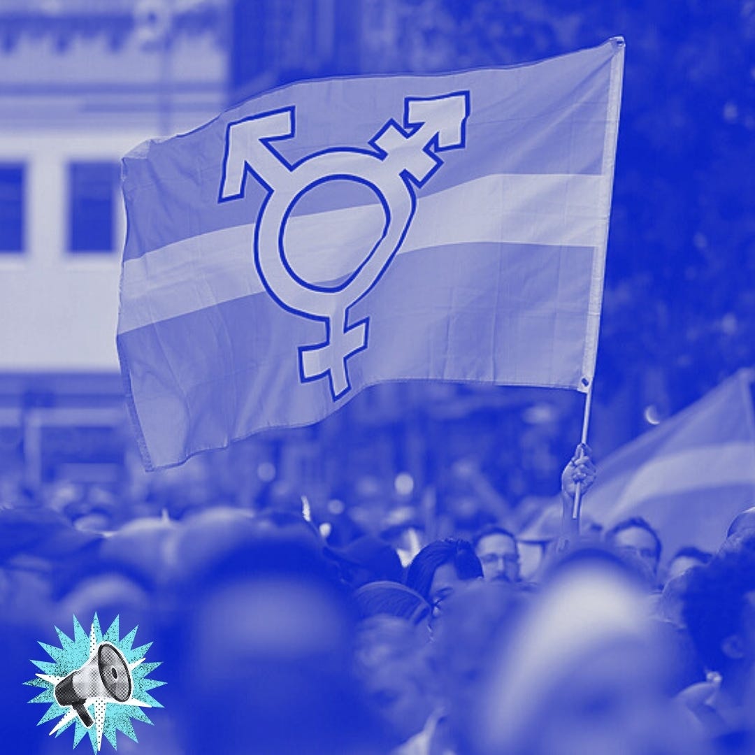 Fotografia em tons de azul de uma multidão embaçada ao fundo. Em destaque, no centro, uma pessoa segura uma bandeira azul com o símbolo da visibilidade trans (um círculo que combina os símbolos de masculino, feminino e o símbolo de gênero misto) em branco. No canto esquerdo, um ícone de megafone simboliza a amplificação das vozes e narrativas mencionadas no texto.