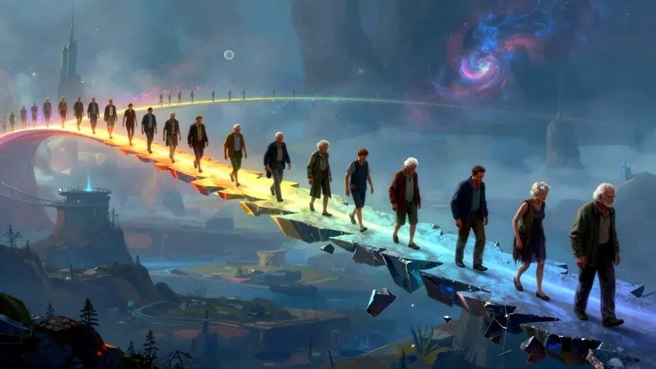 A futuristic vision of human lifespan versus healthspan. Humans walk left to right on long, glowing arc lifeline, begining in the colorful and bright healthspan area. Moving right the colors slowly shift to muted blues, the arc starts to fragment, the humans become old and frail. Sci‑fi elements of colorful particle trails, distant nebulas. Ethereal, poetic, and metaphorical oil-painted futurist fantasy art.