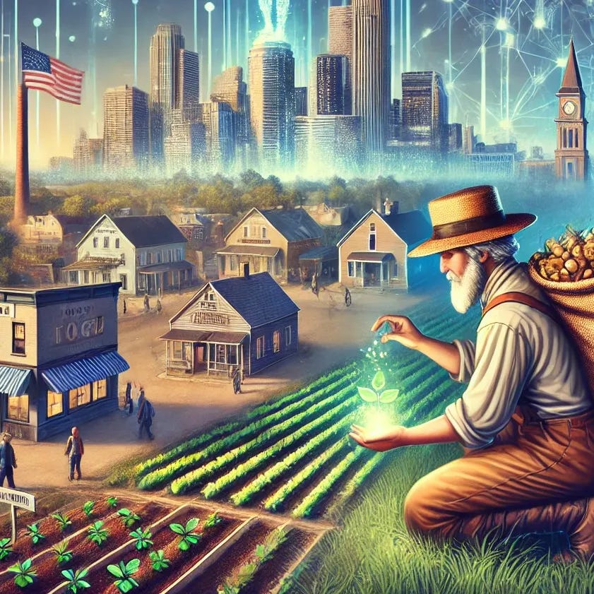A digital illustration of Johnny Appleseed in a modern setting, symbolically 'planting' AI knowledge across the country. Johnny is depicted as a traveler with a satchel, scattering glowing digital seeds (representing AI ideas) over a diverse American landscape—rural towns, small businesses, and universities. In the background, large tech skyscrapers loom, while Main Street shops and community centers light up as the seeds take root. The image should blend classic Americana with futuristic AI elements, evoking a sense of innovation and inclusion.