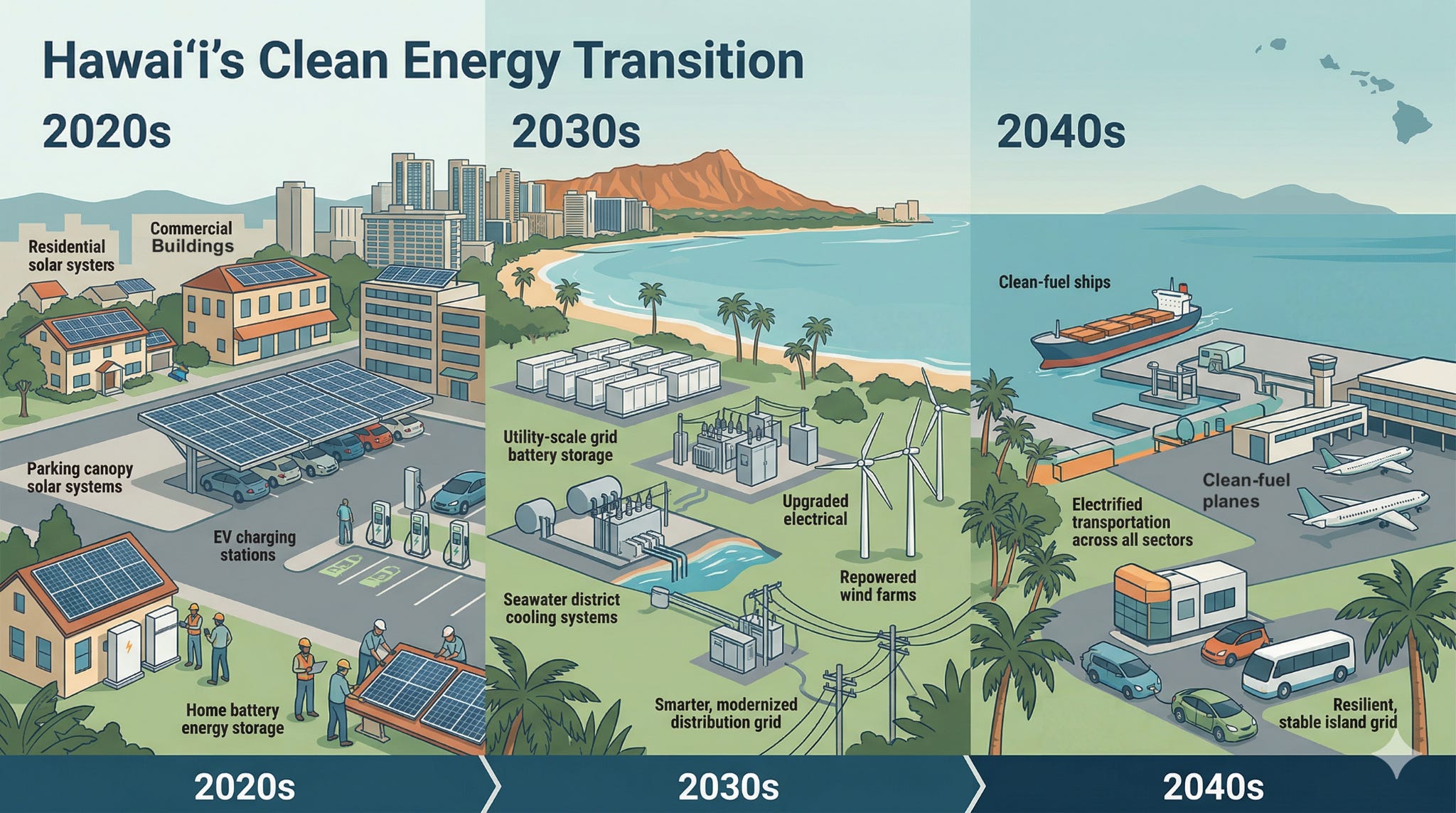Three-panel illustration of Hawaiʻi’s energy transition. The 2020s show rooftop and parking-canopy solar, home batteries, and EV charging. The 2030s add grid batteries, district cooling, wind, and upgraded power lines. The 2040s show electrified ground transport, clean-fuel ships and aircraft, and a resilient island grid. Three-panel illustration of Hawaiʻi’s energy transition. The 2020s show rooftop and parking-canopy solar, home batteries, and EV charging. The 2030s add grid batteries, district cooling, wind, and upgraded power lines. The 2040s show electrified ground transport, clean-fuel ships and aircraft, and a resilient island grid.