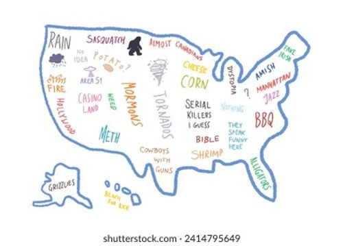 Meme map of America. Funny stereotypes United States map according to tourists. Stock Vector