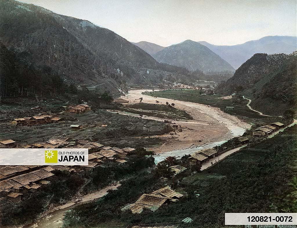 Hand colored albumen print by Kimbei Kusakabe of the Kisogawa River on the Nakasendō, 1880s Hand colored albumen print by Kimbei Kusakabe of the Kisogawa River on the Nakasendō, 1880s