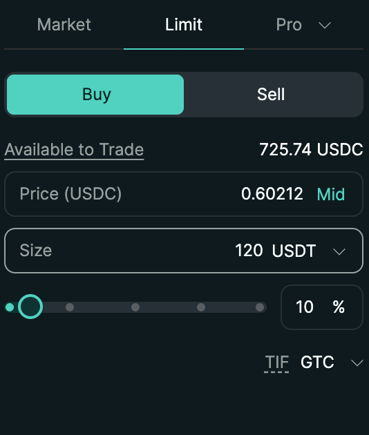 Hyperliquid testnet limit order interface showing Buy/Sell toggle, 725.74 USDC available to trade, price 0.60212, size 120 USDT, TIF GTC setting