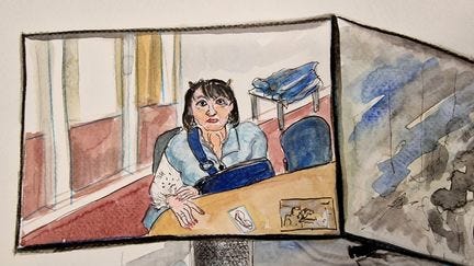 Annie, Joël Le Scouarnec's sister, during her testimony by videoconference at her brother's trial, in front of the criminal court of Morbihan, on February 27, 2025. (ELISABETH DE POURQUERY / FRANCE TÉLÉVISIONS)