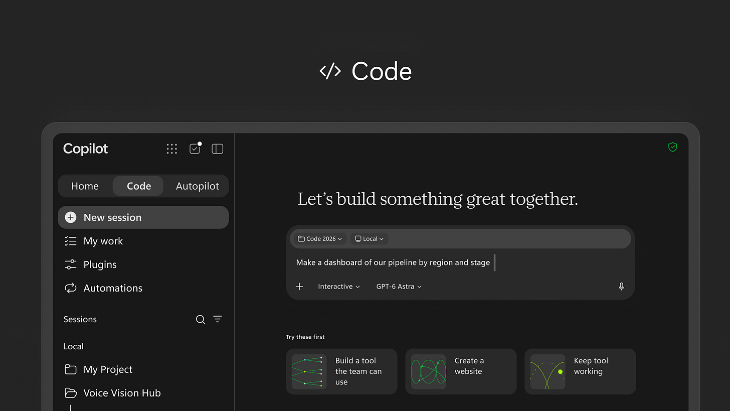 Black image with Code at top showing new feature in Copilot. Black image with Code at top showing new feature in Copilot.