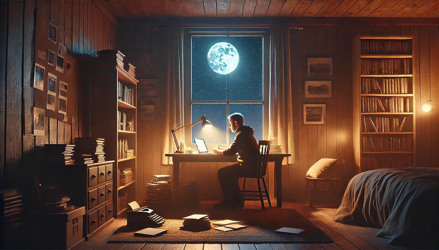 A cozy, warmly lit room featuring a nocturnal writer seated at a wooden desk. The writer is working on a laptop, surrounded by scattered papers. A soft, warm desk lamp illuminates the scene. The room exudes rustic charm with bookshelves filled with books. Through the window, a starry night sky is visible, creating a peaceful and inviting atmosphere.
