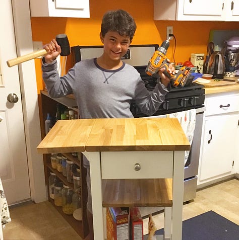 11-year-old holding an electric drill celebrates building a cart, teenager trims his brother's hair, 17-year-old cooks at the stove