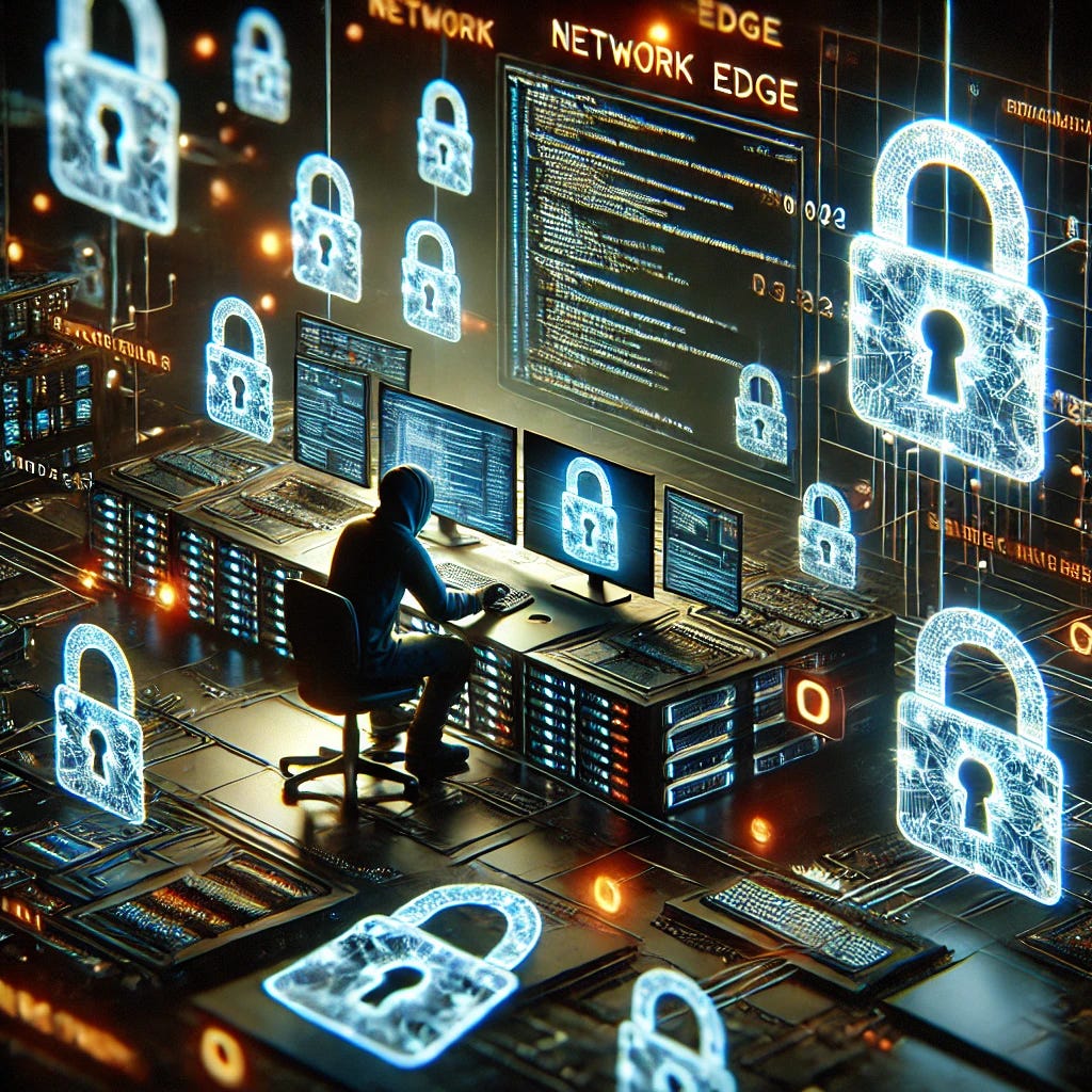 A 3D-rendered image of a hacker attempting to breach a network edge device, with digital code and lock symbols floating around. The scene is dark and intense, with the hacker working on multiple screens filled with complex code. The background includes neon security icons to emphasize the challenge of bypassing network defenses. The style should be cyberpunk with high-tech, futuristic vibes.