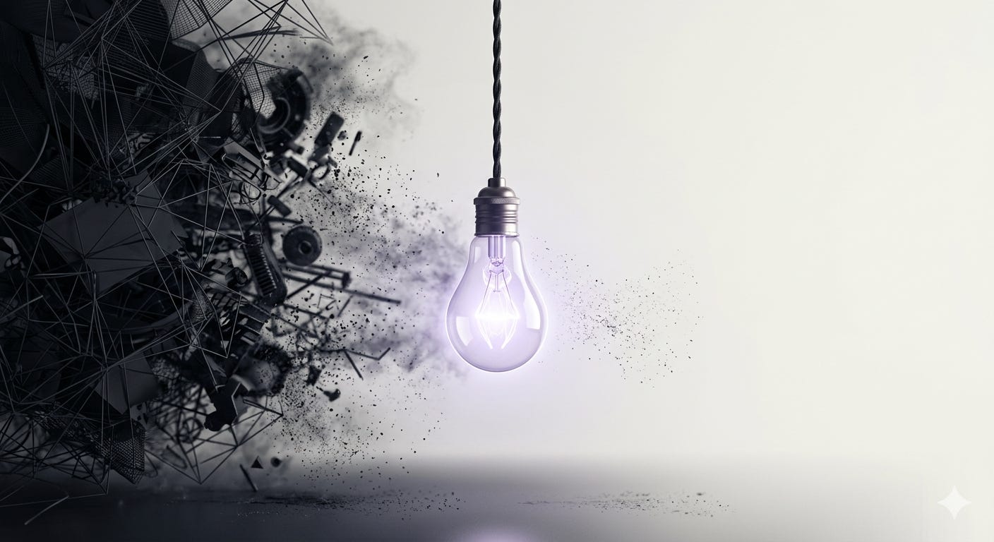 A 3D conceptual digital illustration on a clean, off-white gradient background. On the left side, a chaotic, dark, and complex mass of fragmented geometric shapes, wires, and mechanical debris explodes outward. Suspended in the center from a black cord is a single, glowing light bulb emitting a soft, lavender light that cleanly cuts through the surrounding dark particles. To the right of the bulb, legible charcoal-gray text reads: "THE SUBTRACTION MOAT. Perfection is not when there is nothing more to add, but when there is nothing more to take away." A 3D conceptual digital illustration on a clean, off-white gradient background. On the left side, a chaotic, dark, and complex mass of fragmented geometric shapes, wires, and mechanical debris explodes outward. Suspended in the center from a black cord is a single, glowing light bulb emitting a soft, lavender light that cleanly cuts through the surrounding dark particles. To the right of the bulb, legible charcoal-gray text reads: "THE SUBTRACTION MOAT. Perfection is not when there is nothing more to add, but when there is nothing more to take away."