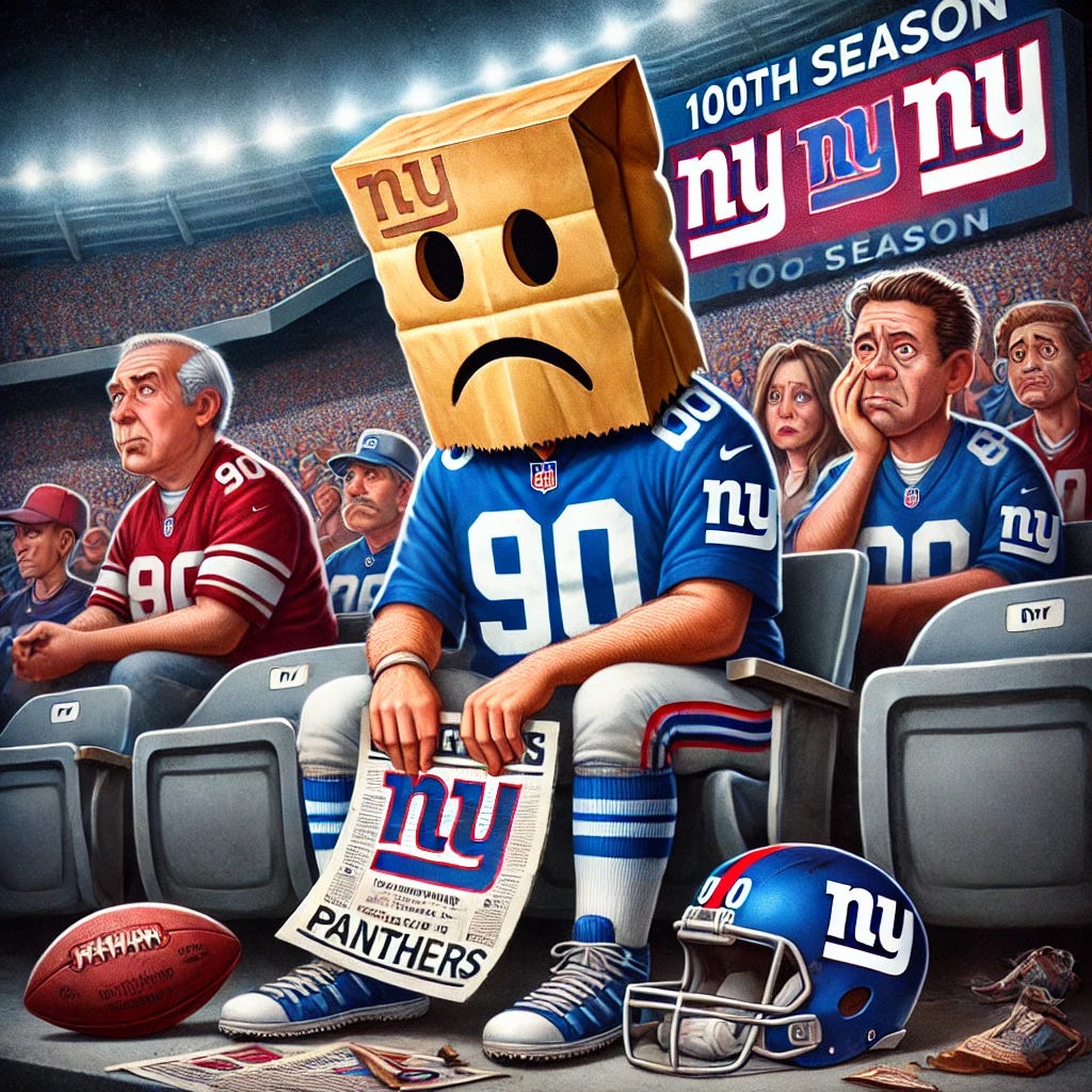 A satirical illustration capturing the frustration of New York Giants fans in their 100th season. The scene shows a disheartened Giants fan wearing a paper bag over their head with a sad face drawn on it, sitting in a football stadium. The fan is dressed in a Giants jersey, holding a crumpled game program. The scoreboard in the background humorously shows a losing score against the Panthers, with exaggerated elements like a fumbled football rolling away. Other fans look frustrated or despondent, capturing the spirit of disappointment and dark humor surrounding the Giants' performance. Bright, realistic stadium lighting highlights the somber and comedic feel of the scene.