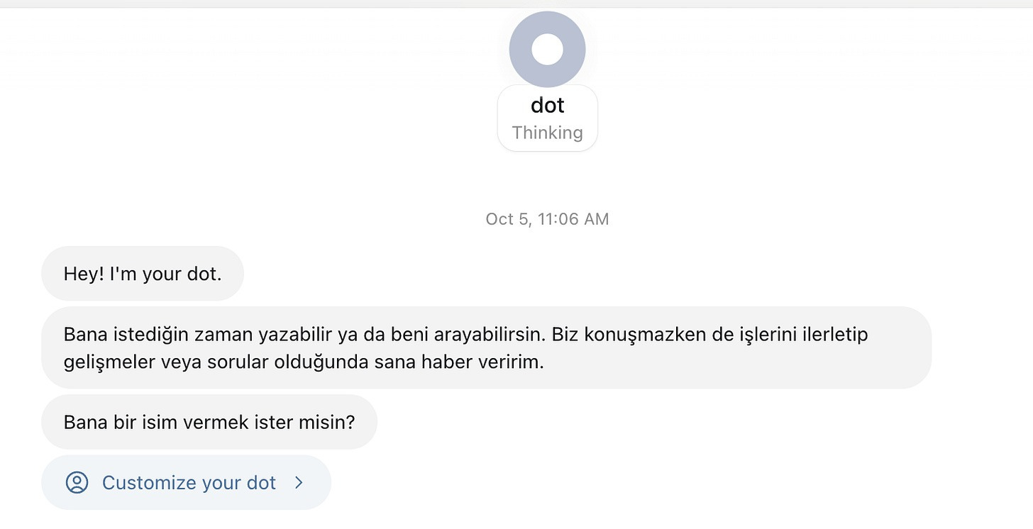OpenAI Dot first message in Turkish and English