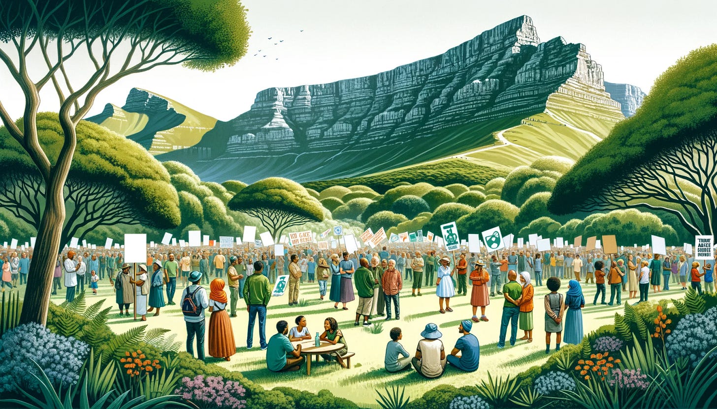 An illustration depicting a tranquil and organized demonstration for Cape Independence, set in the lush greenery at the foot of Table Mountain. The scene includes a mix of genders and ethnicities, with Caucasian, African, and Asian individuals participating. People are holding signs with symbols of peace and independence, and there's a general feeling of camaraderie and purpose among the demonstrators. The iconic shape of Table Mountain provides a strong and serene backdrop to the assembly of committed citizens.