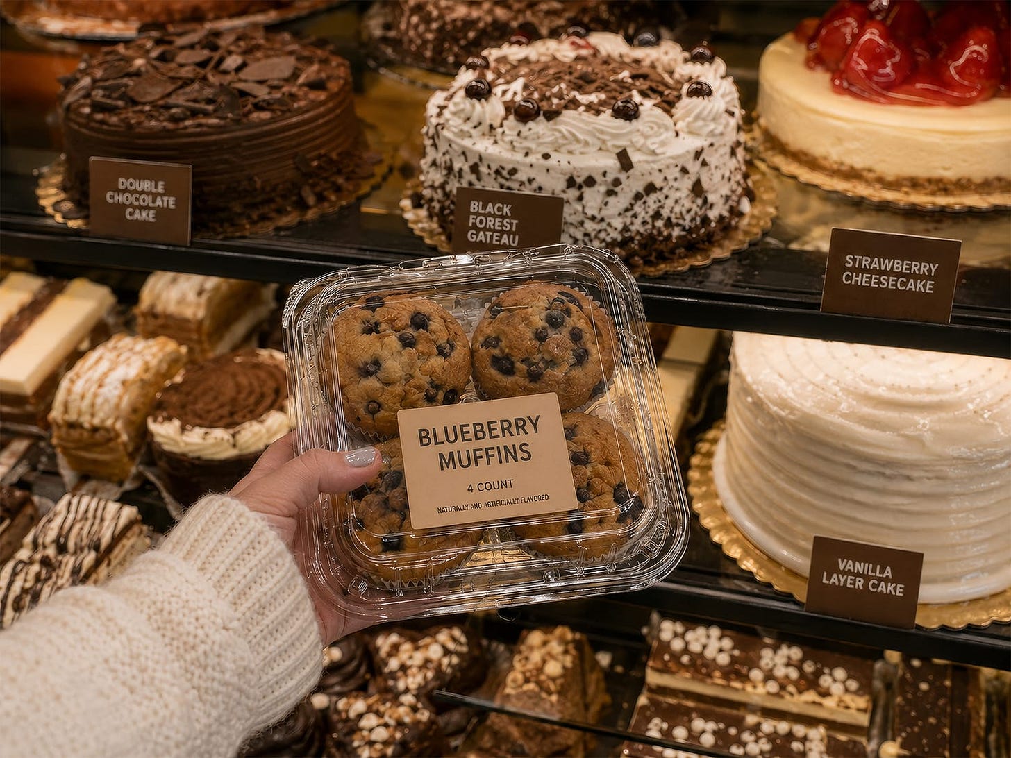 A woman holds a 4-pack of blueberry muffins next to a display of gateaux A woman holds a 4-pack of blueberry muffins next to a display of gateaux