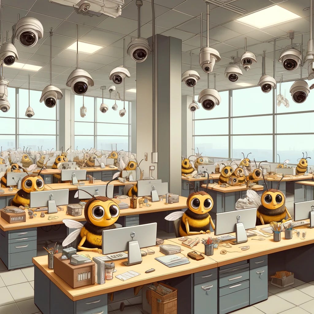 An illustration of a bustling office filled with anthropomorphic worker bees, each working at desks with computers and office supplies. The office is modern with tall windows and neutral colors. Numerous security cameras are mounted on the walls and ceilings, pointed at the bees, observing their productivity. The bees have expressions of focus and slight stress as they work. The atmosphere is busy and slightly humorous, with the cameras adding a sense of surveillance. Overhead lights illuminate the scene, casting gentle shadows across the office space. An illustration of a bustling office filled with anthropomorphic worker bees, each working at desks with computers and office supplies. The office is modern with tall windows and neutral colors. Numerous security cameras are mounted on the walls and ceilings, pointed at the bees, observing their productivity. The bees have expressions of focus and slight stress as they work. The atmosphere is busy and slightly humorous, with the cameras adding a sense of surveillance. Overhead lights illuminate the scene, casting gentle shadows across the office space.