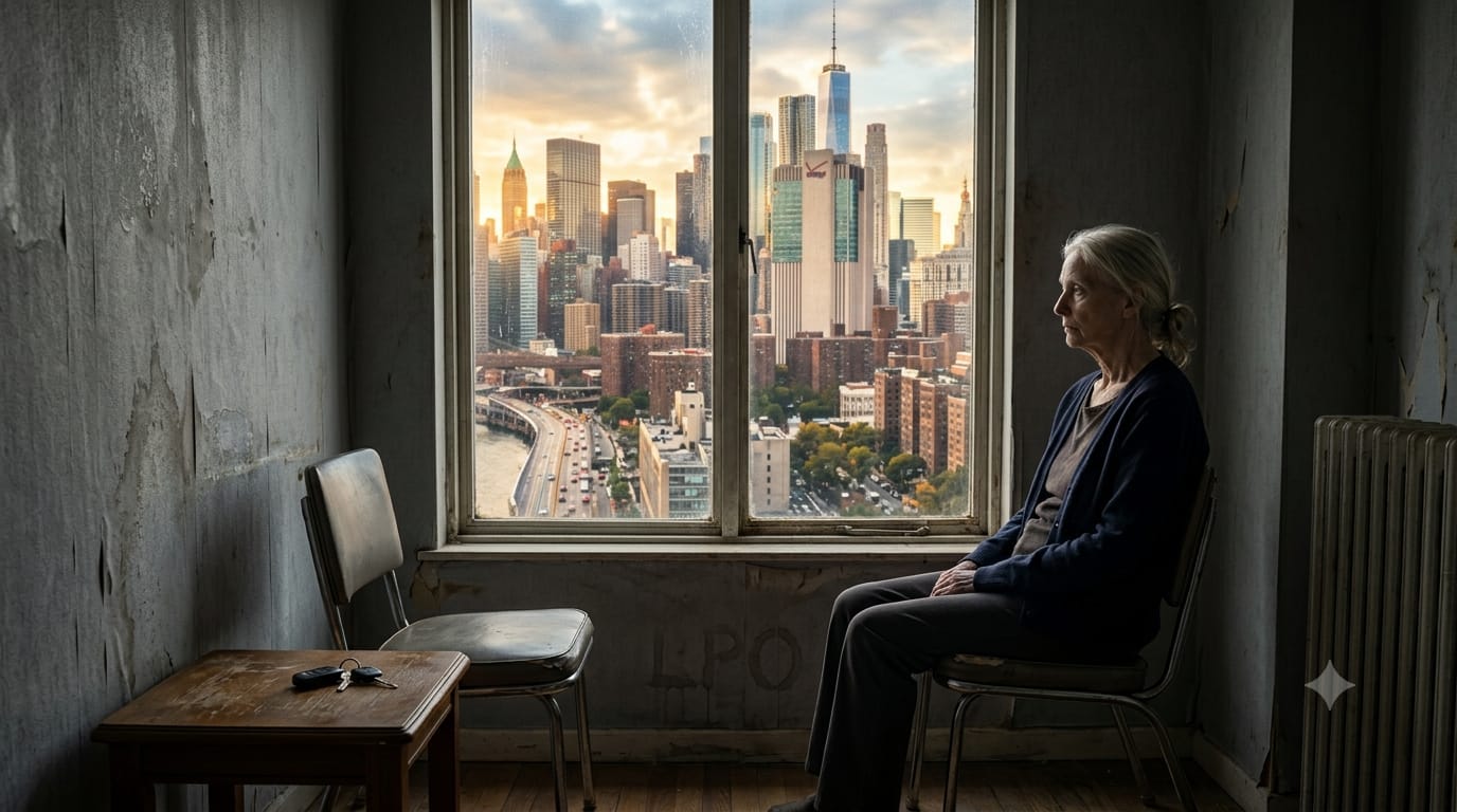 An elderly woman with grey hair, wearing plain clothing, sits in a dark, stark, and empty room with dilapidated walls. She is gazing out a large window that frames a brilliant, sun-drenched view of the wealthy Manhattan skyline. A set of keys rests on a bare side table next to her, emphasizing her minimalist surroundings and anxious vigil, despite the apparent value of the real estate she occupies.