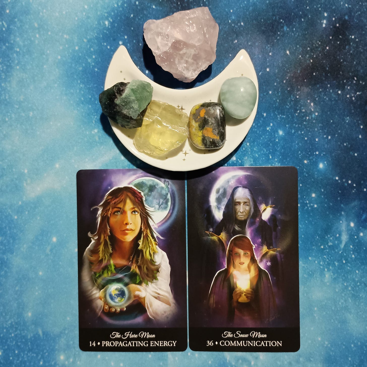 How To Manage Your Energy ~ A Message From the Universe, Witching Hour Oracle cards and crystals on a starry blue background