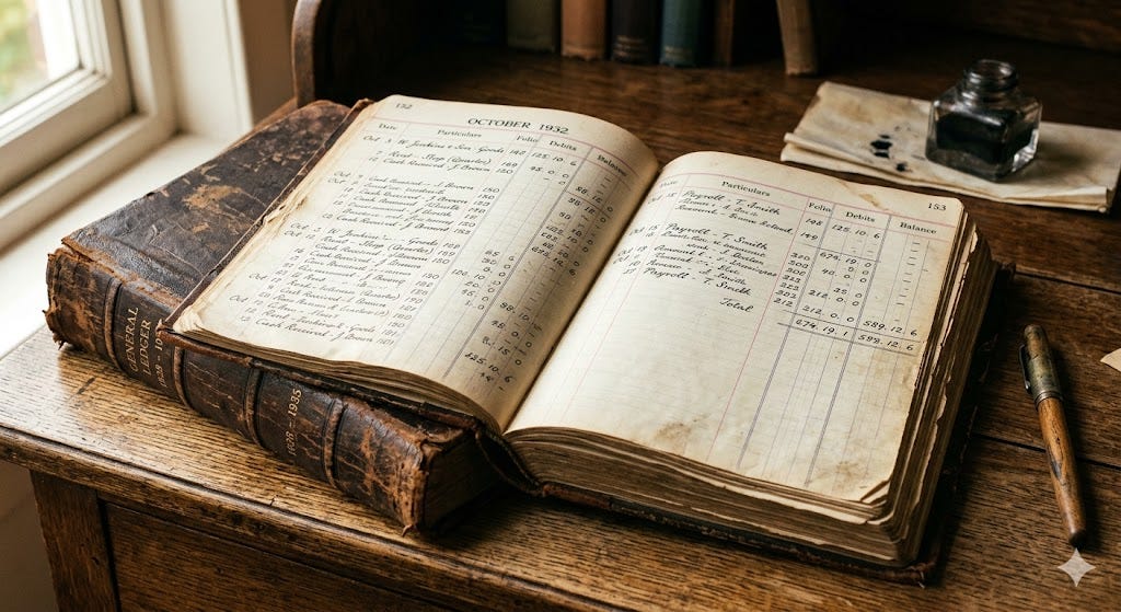 An open vintage leather-bound general ledger from the 1930s resting on a wooden desk, showing handwritten columns of debits, credits, and balances, with an ink well and fountain pen beside it. An open vintage leather-bound general ledger from the 1930s resting on a wooden desk, showing handwritten columns of debits, credits, and balances, with an ink well and fountain pen beside it.