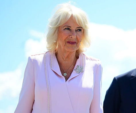 The maple leaf brooch by Asprey worn by Queen Camilla in May 2025, and Queen Elizabeth II in 1951