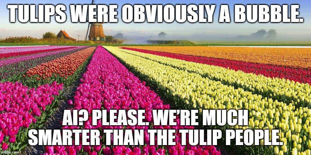 A colorful tulip field with a windmill in the background and overlaid meme text comparing tulip mania to the modern AI bubble, using humor to highlight investor overconfidence about spotting market bubbles.