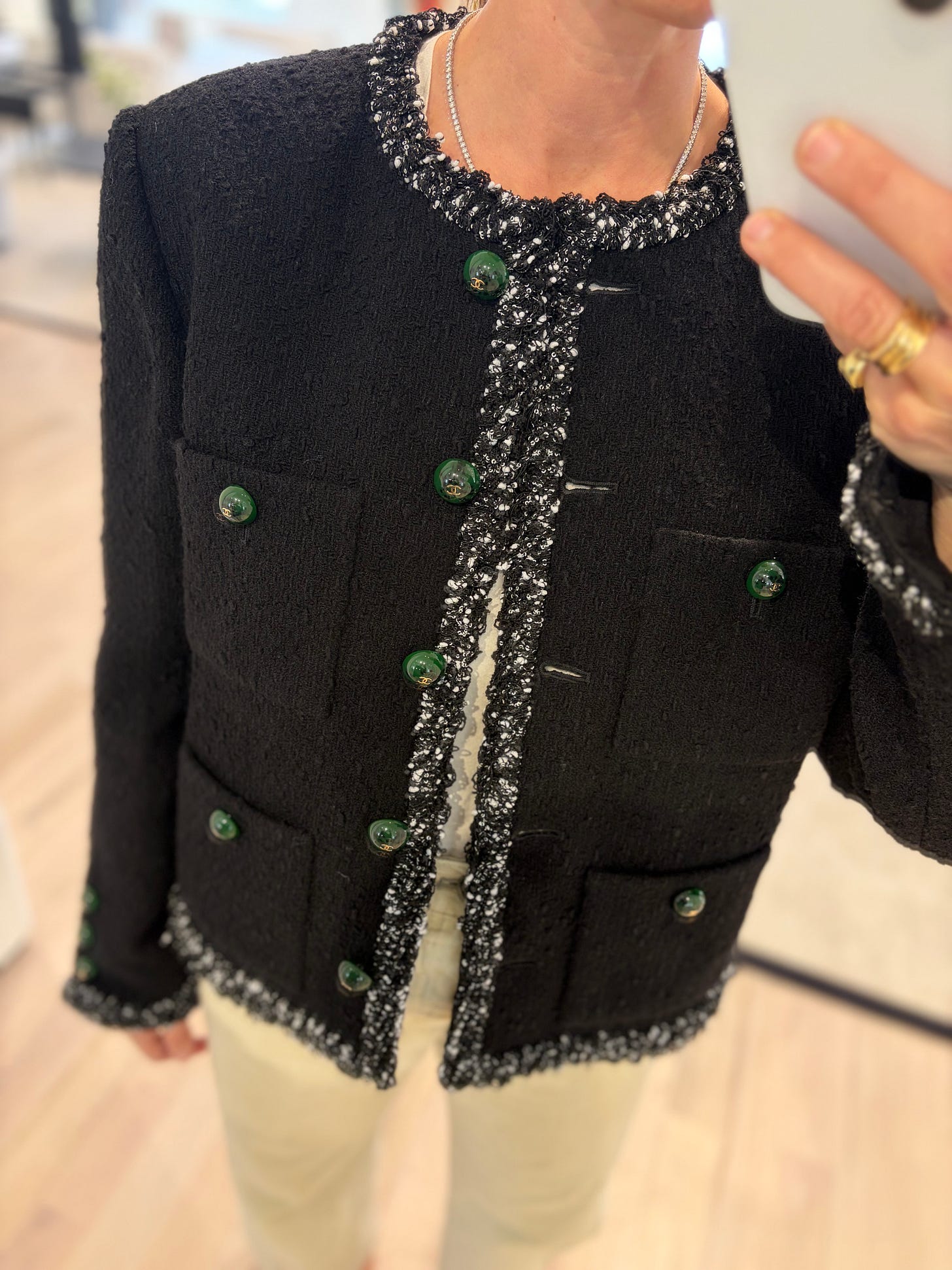 Matthieu Blazy for Chanel black tweed blazer with unreal green buttons Matthieu Blazy for Chanel black tweed blazer with unreal green buttons