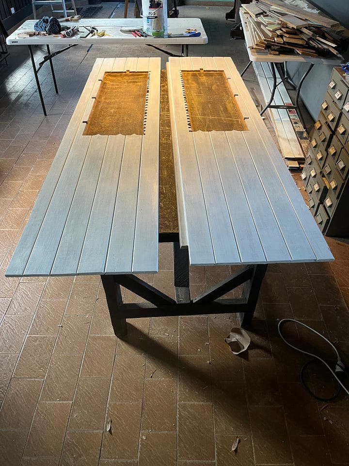 a set of photos showing the rebating, glueing, sanding and painting of a set of wooden doors.