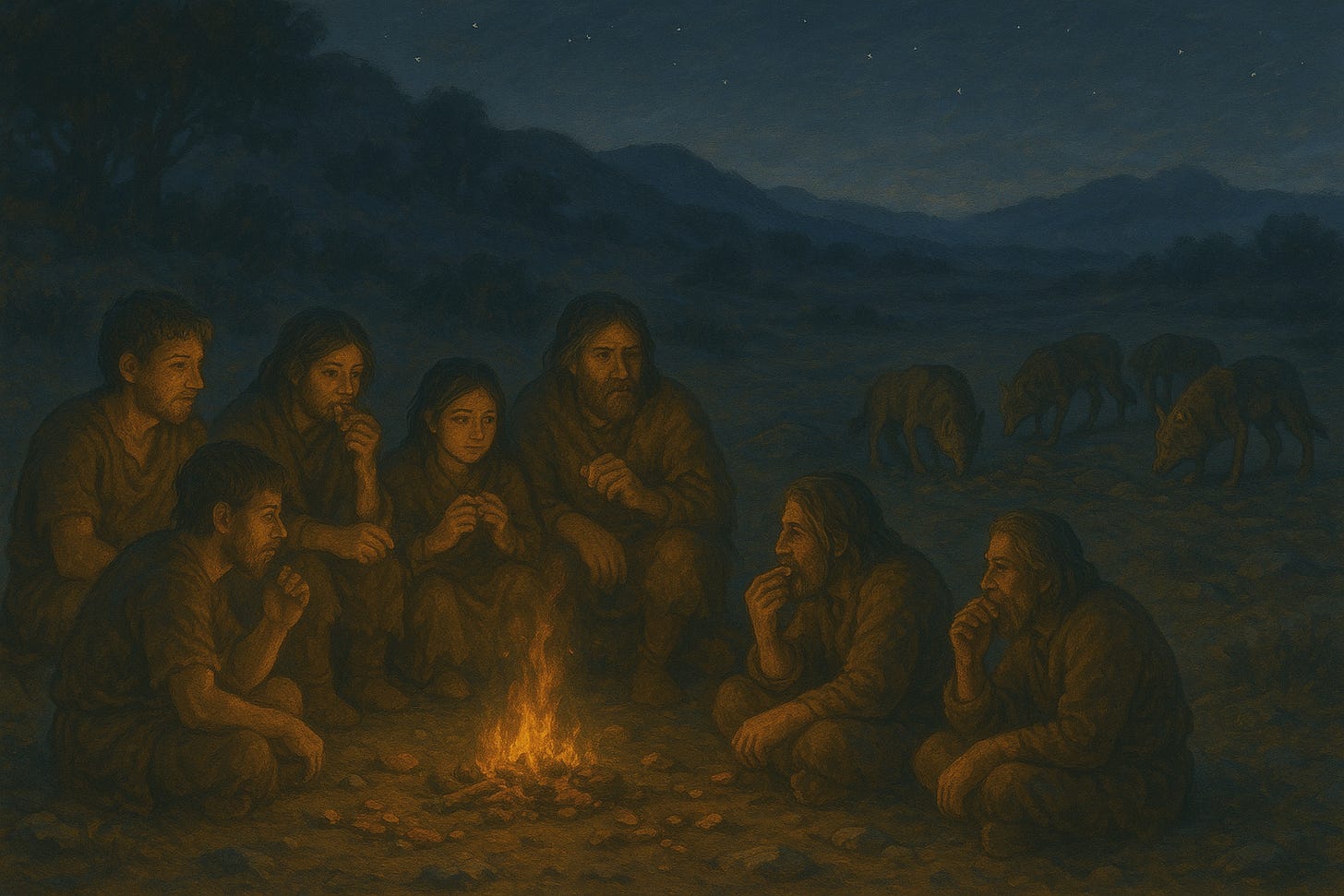 Wolves scavenging leftovers from a human dinner, the beginning of trust