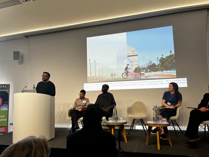 Two photos of panels at the conference