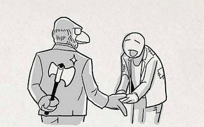 Cartoon removed from the Samsung official website depicting Paul Singer as  a vulture-headed man holding an axe behind his back while demanding money from a man in torn clothes 