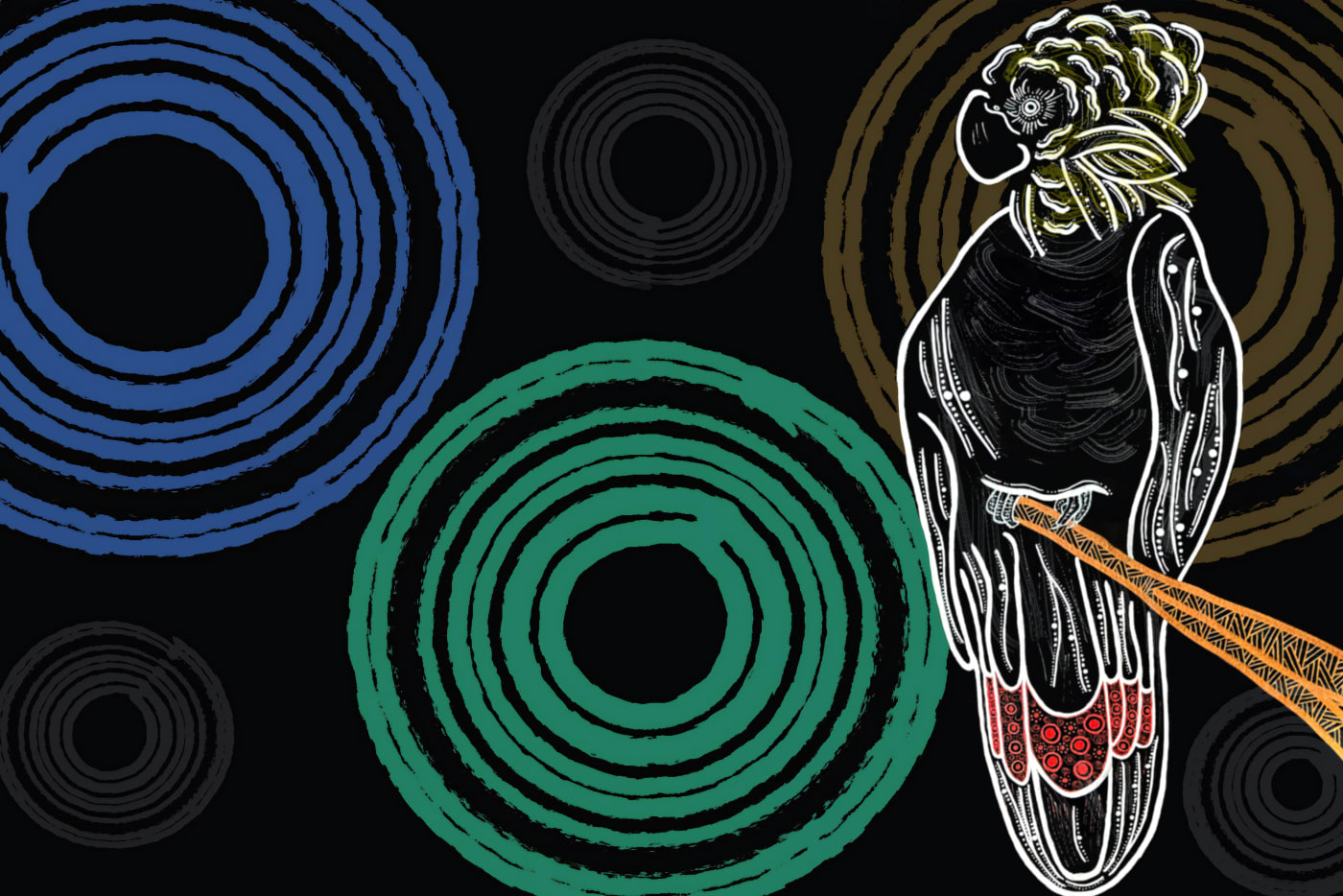 Indigenous art depicting the glossy black cockatoo on a she-oak tree by Gumbaynggirr, Bundjalung and Kalkadoon artist Fileisha Laurie