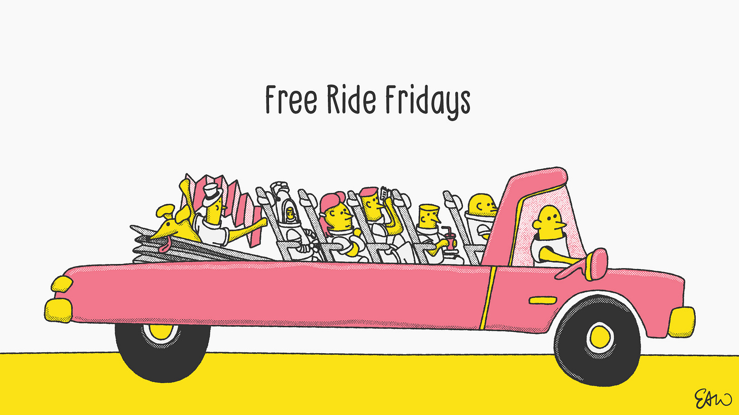 Illustration of a long limousine car filled with people. The caption reads Free Ride Fridays.