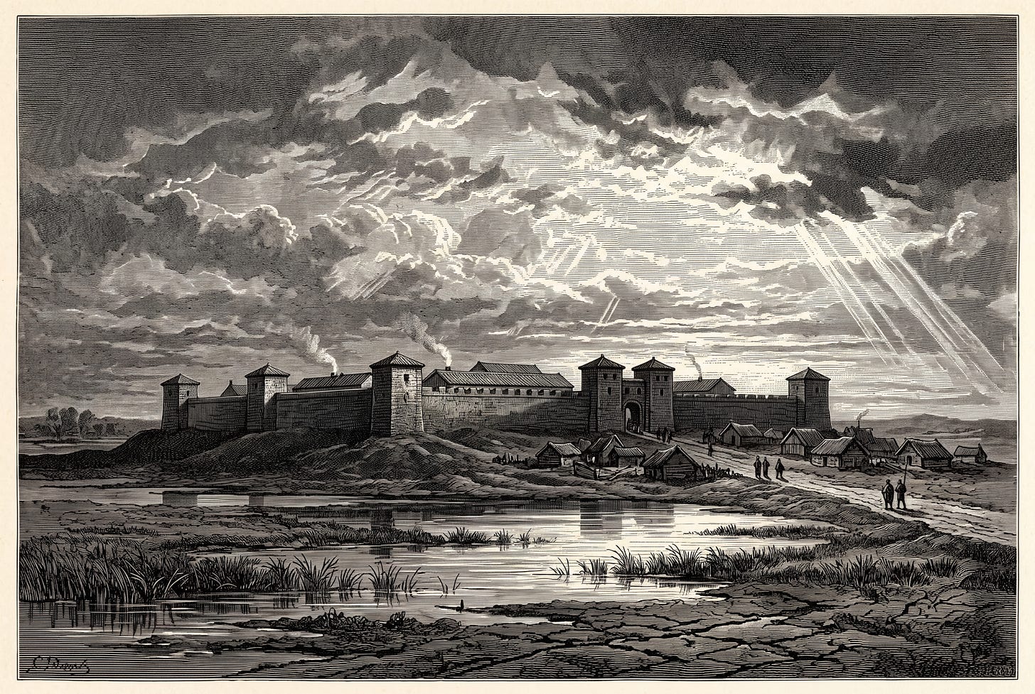 A black-and-white historical illustration of an isolated Roman fort in a wetland landscape, representing the atmospheric, AD 364 northern British frontier setting of the historical mystery novel The Defixio.