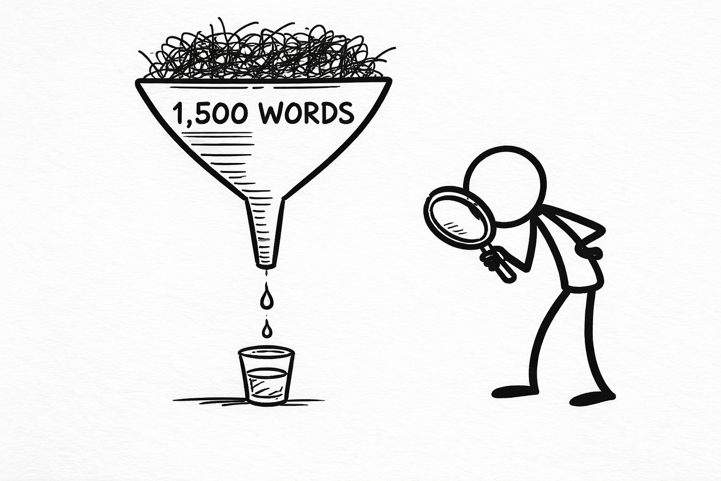 Hand-drawn Sharpie illustration of a funnel labeled “1,500 WORDS” filled with scribbles, narrowing down to a single droplet falling into a tiny glass while a stick figure examines it with a magnifying glass, symbolizing the writing compression test and finding the core argument of a draft.