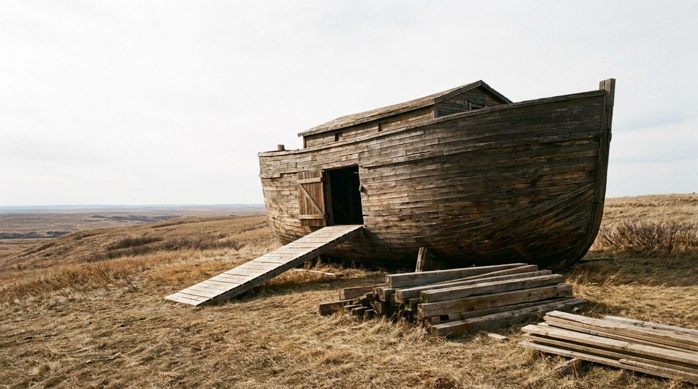 A large wooden ark resting on a bare hillside under a heavy grey sky, its single side door standing open with a ramp down to dry grass, no water anywhere, no people, no faces, no text