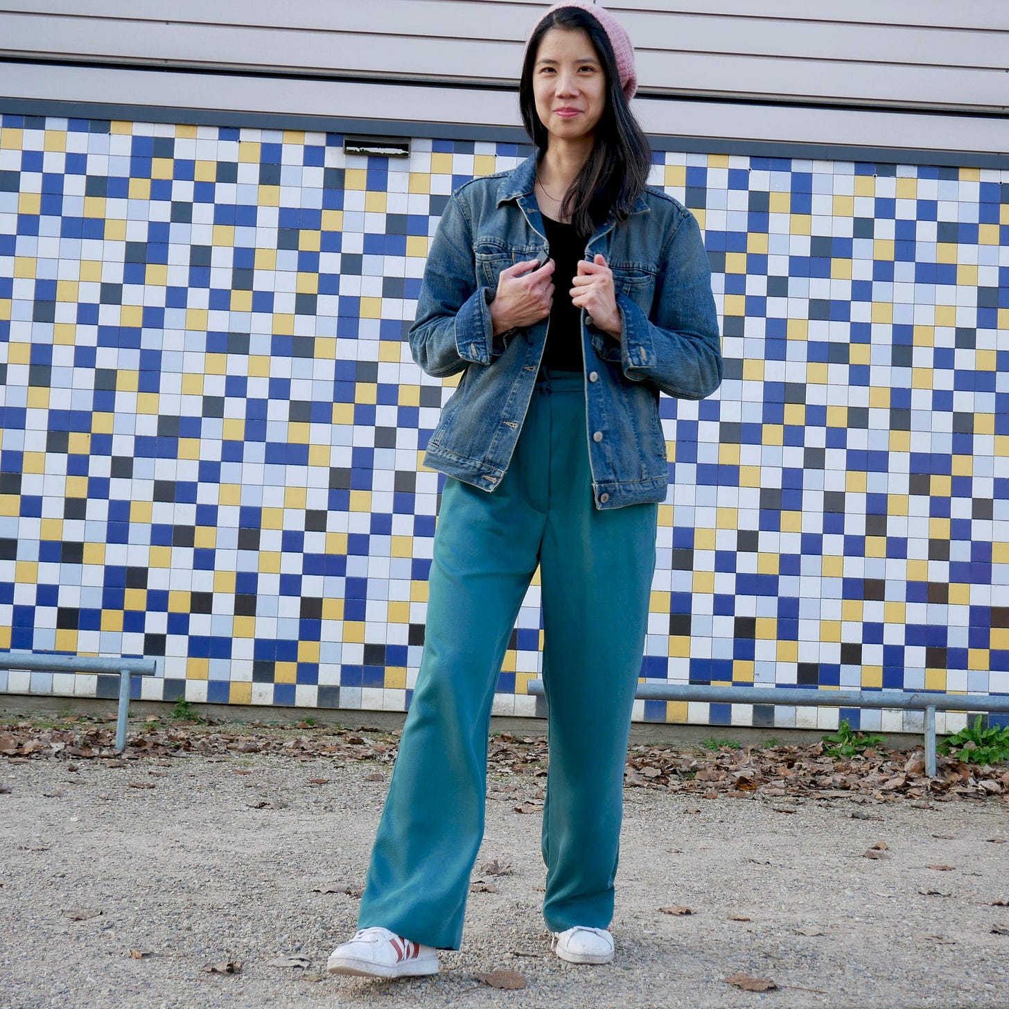 Just Patterns Tatjana trousers by Time to Sew, styled with vintage denim