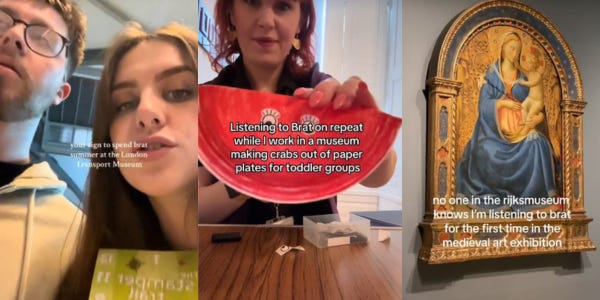 Composite of three TikTok video stills showing people in museums listening to or talking about the brat album. Composite of three TikTok video stills showing people in museums listening to or talking about the brat album.