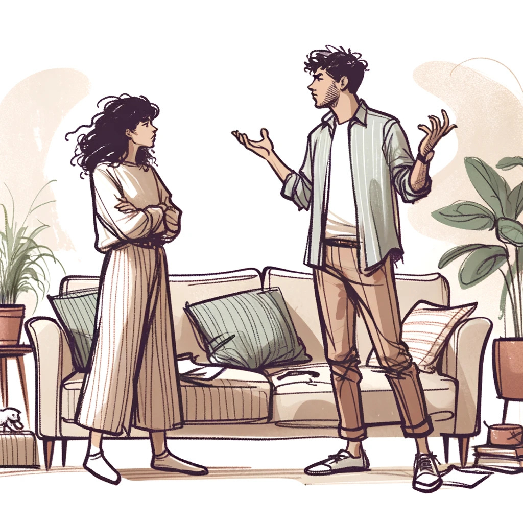 A flowy, sketch-like illustration of a couple in a heated argument, drawn with soft lines and a raw art style. The characters have no strong ethnic features, making their ethnicity vague. The woman is standing with her arms crossed, showing frustration, while the man is sitting on a sofa, gesturing defensively. The living room setting includes a couch, coffee table, and indoor plants, all depicted in a fluid, sketchy style. The characters are in their late twenties, dressed in casual home attire, and drawn with an emphasis on soft, flowing lines.