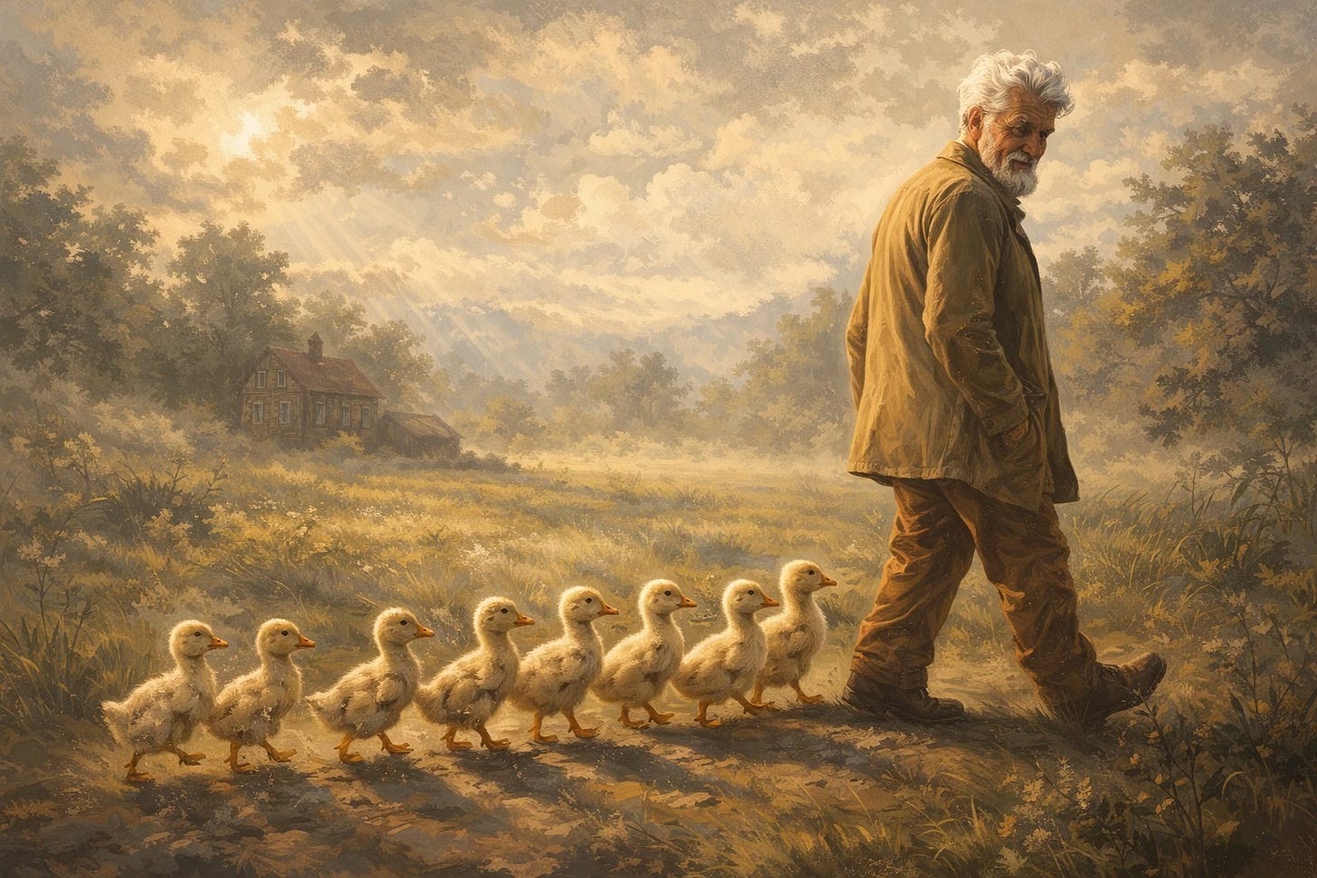 Konrad Lorenz walking through a field with goslings following him in single file illustrating the concept of imprinting in animal behaviour. Konrad Lorenz walking through a field with goslings following him in single file illustrating the concept of imprinting in animal behaviour.