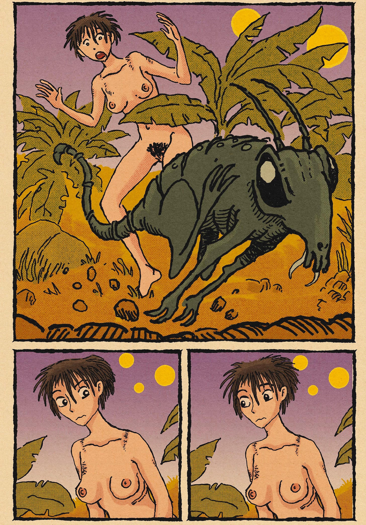 Image 2 alt text (frame by frame): 	•	Panel 1 (large): Startled, Nova recoils as the alien creature suddenly darts out of the vegetation and runs past her. 	•	Panel 2: She watches it go, her expression shifting from alarm to confusion. 	•	Panel 3: Nova looks back toward the fallen fruit the creature had been eating.