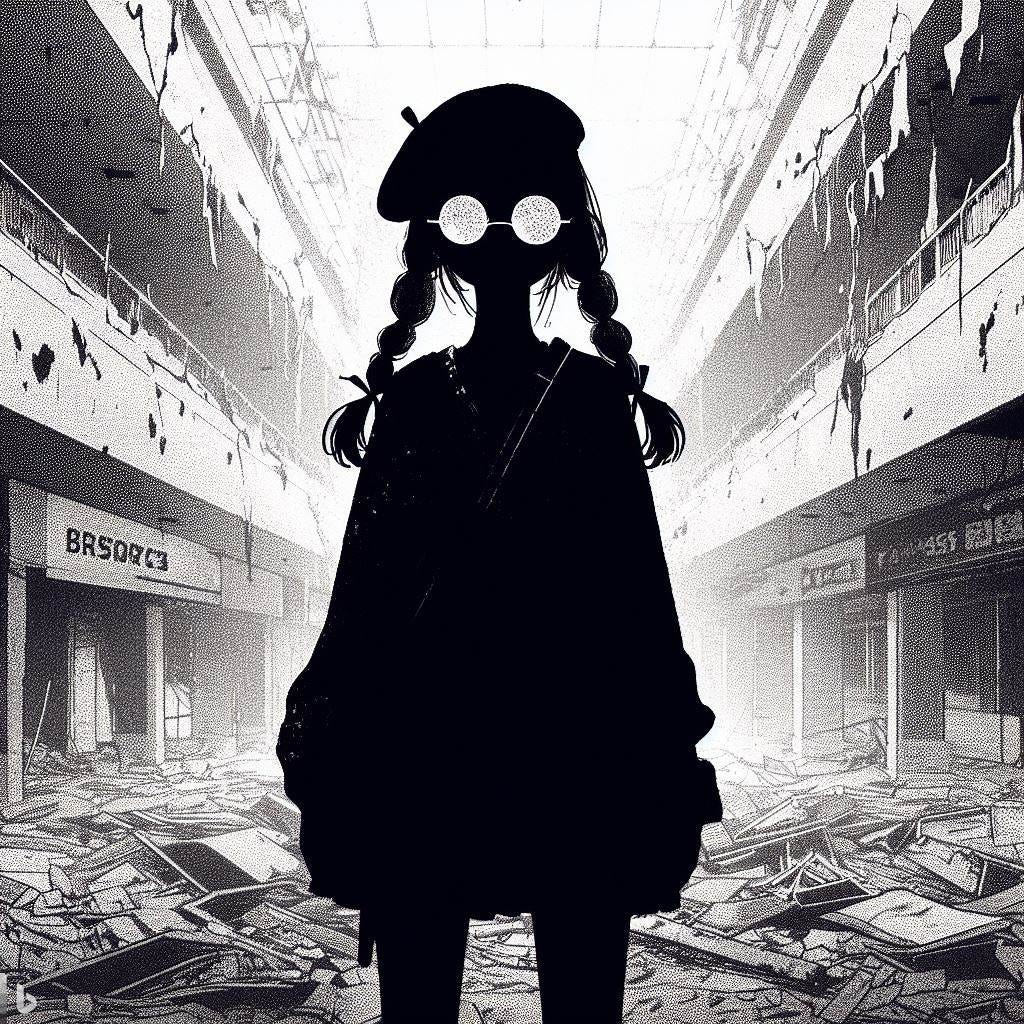 Silhouette of a Girl with a beret and braided pigtails and circle-lens glasses, standing in a ruined mall covered in gun-shots, dirt, and debris, gray color filter, manga art style