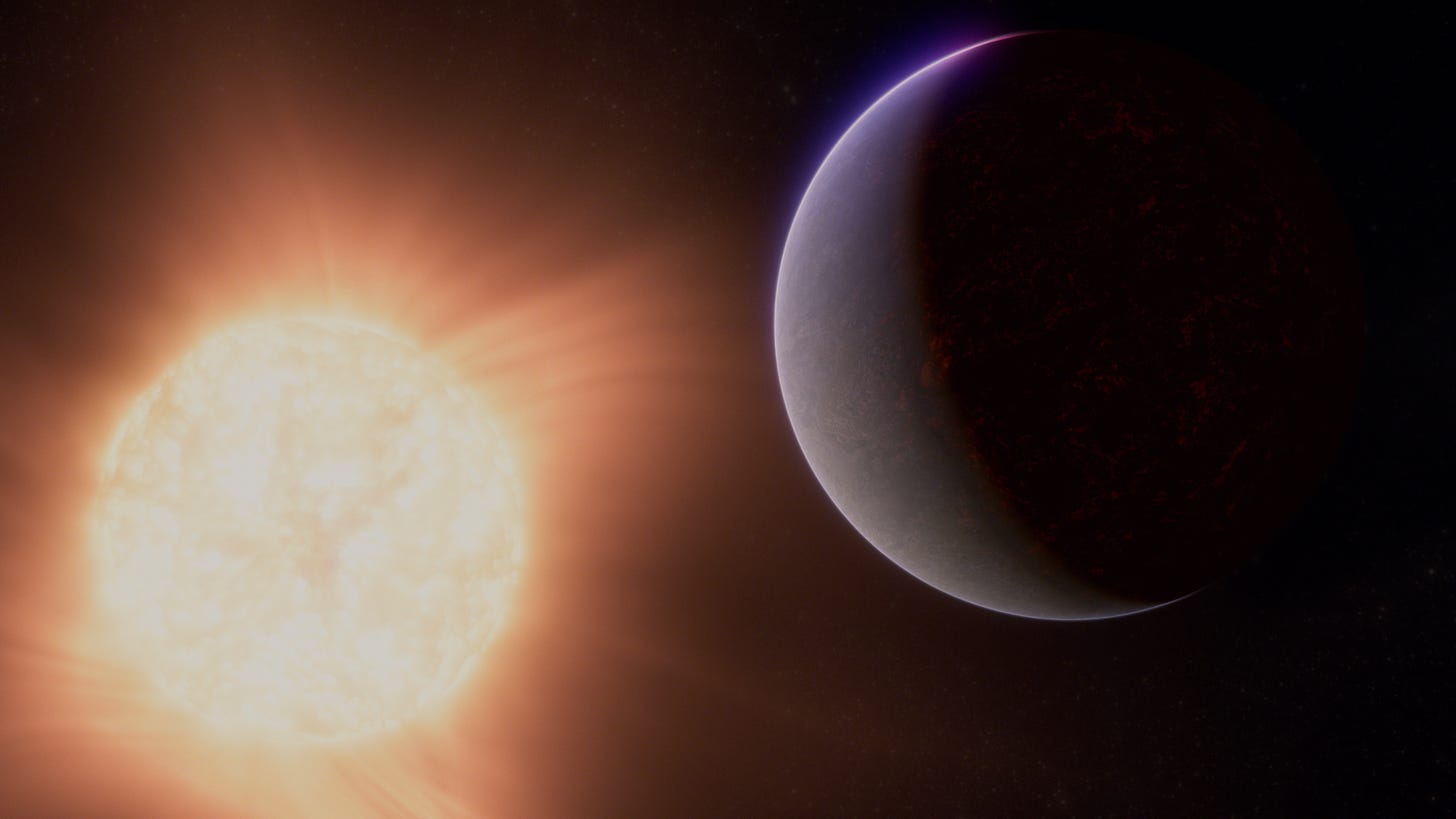 Illustration of a rocky exoplanet and its star. The star is in the background at the lower left and appears somewhat, but not significantly, smaller in the sky than the planet. It has a bright orange-red glow, and appears to have an active surface. The planet is in the foreground to the upper right of the star. The left quarter of the planet (the side facing the star) is lit, while the rest is in shadow. The planet has hints of a rocky, partly molten surface beneath the haze of a thin atmosphere. The boundary between the day and night sides of the planet is fuzzy. Illustration of a rocky exoplanet and its star. The star is in the background at the lower left and appears somewhat, but not significantly, smaller in the sky than the planet. It has a bright orange-red glow, and appears to have an active surface. The planet is in the foreground to the upper right of the star. The left quarter of the planet (the side facing the star) is lit, while the rest is in shadow. The planet has hints of a rocky, partly molten surface beneath the haze of a thin atmosphere. The boundary between the day and night sides of the planet is fuzzy.