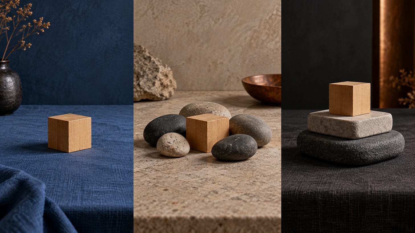 Three wooden cubes on blue fabric, beige stone with pebbles, and stacked gray stones.