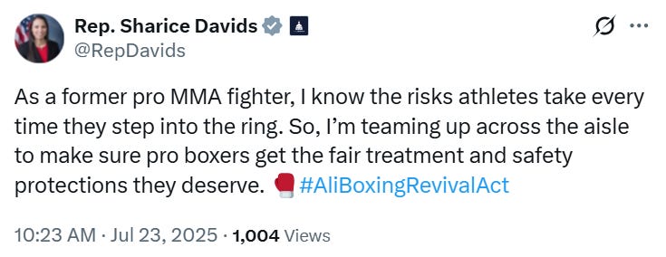@RepDavids As a former pro MMA fighter, I know the risks athletes take every time they step into the ring. So, I’m teaming up across the aisle to make sure pro boxers get the fair treatment and safety protections they deserve. 🥊#AliBoxingRevivalAct @RepDavids As a former pro MMA fighter, I know the risks athletes take every time they step into the ring. So, I’m teaming up across the aisle to make sure pro boxers get the fair treatment and safety protections they deserve. 🥊#AliBoxingRevivalAct