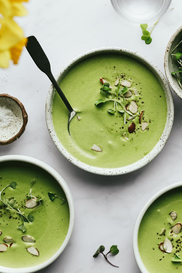 Broccoli almond soup and springtime salmon.