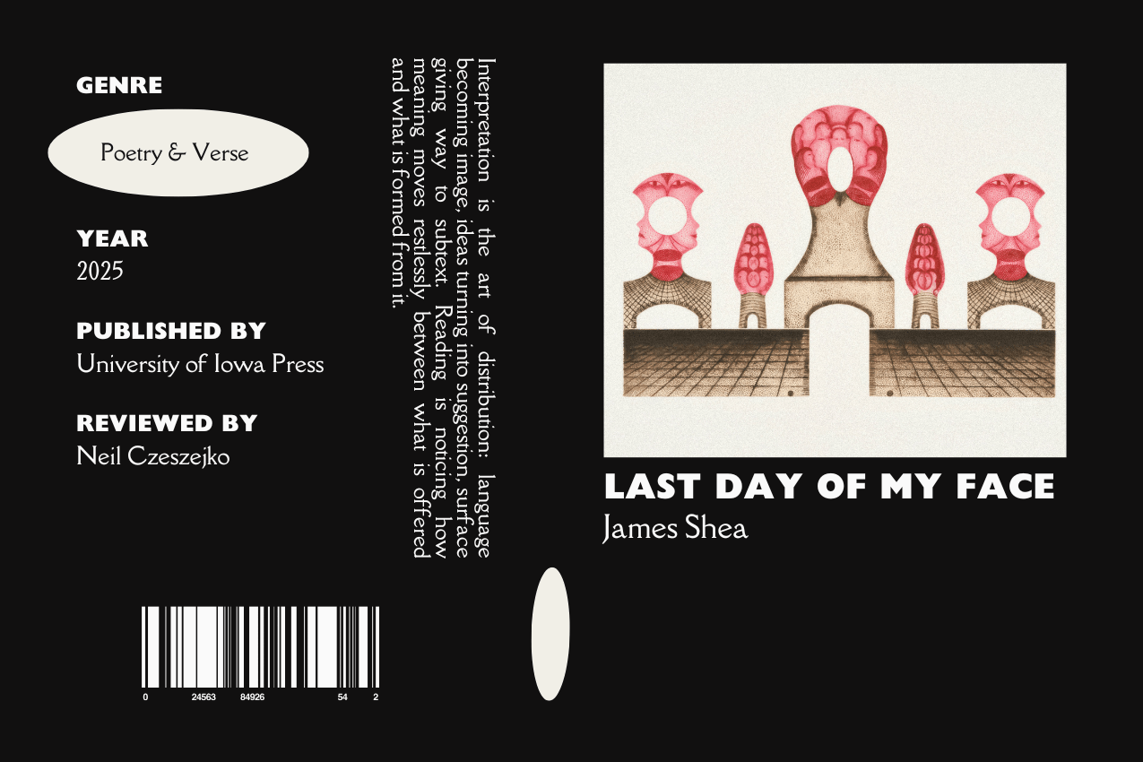 Editorial graphic featuring a stylized book jacket for "Last Day of My Face" by James Shea. The layout depicts three surreal, pink, face-like structures with circular hollows, resembling a row of buildings or sculptures on a tiled plane. Metadata columns on the left list the genre Poetry & Verse, the publisher University of Iowa Press, and reviewer Neil Czeszejko. All set against a black composition with a column of text about the art of interpretation and a barcode at the bottom. Part of the Literary Review series at The Subtext Review.