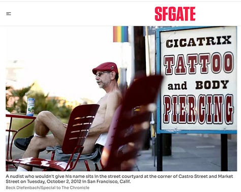 Three archival news images from 2012–2013 depict nudist Andy Tabbat seated nude in Jane Warner Plaza in San Francisco’s Castro District during the city’s highly publicized move to ban public nudity. Coverage includes articles from The Examiner quoting local complaints, an SFGate feature photo, and follow-up reporting on legislative developments—all featuring Tabbat with his signature red cap and coconut juice.